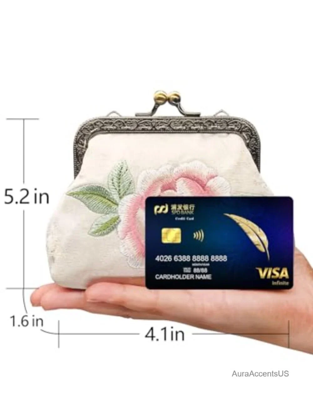 Embroidered Floral Kiss Lock Coin Purse Wallet - Cotton, Travel Accessory